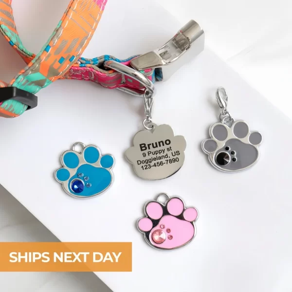 Bling Dog ID Tag Personalized Gorgeous Dog Tags for Small Medium Dog Footprint Custom Pet Name Tag Plate Collar Accessories